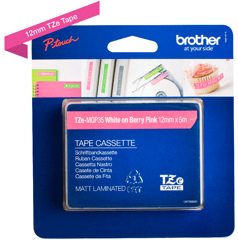 Brother TZe-MQP35 original etikett tapekassett- vit på rosa laminerad tape, 12 mm bred 2